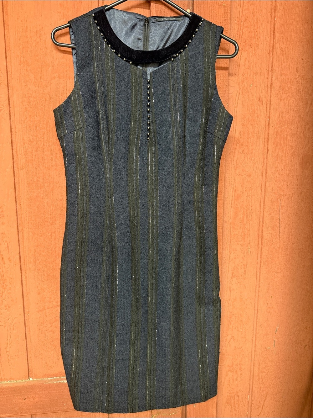 T Tahari Navy Blue and  Black Striped Sleeveless Midi Dress with Velvet Collar